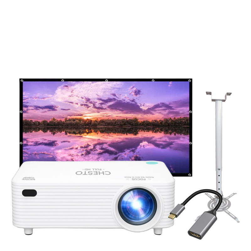 Chesto Full HD Thuisbioscoop: Full HD-beamer, projectiescherm 100 inch, muur- en plafondbeugel en USB-C naar HDMI-kabel