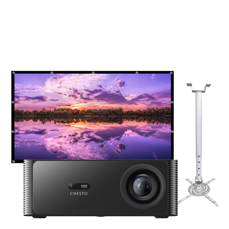 Chesto Google TV Thuisbioscoop: Google TV-beamer, projectiescherm 100 inch en muur- en plafondbeugel