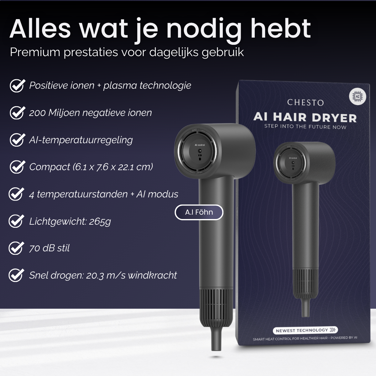 Stylingmondstuk en gebruiksgemak van de Chesto AI föhn