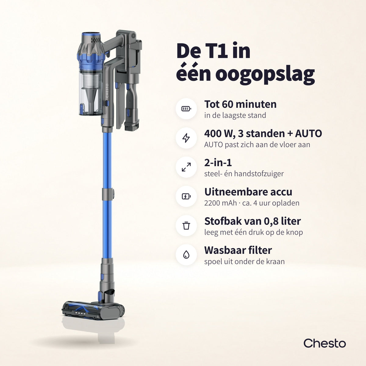 Chesto Steelstofzuiger T1 in één oogopslag: tot 60 minuten in de laagste stand, 400 W met 3 standen en AUTO, 2-in-1, uitneembare accu, stofbak van 0,8 liter en wasbaar filter