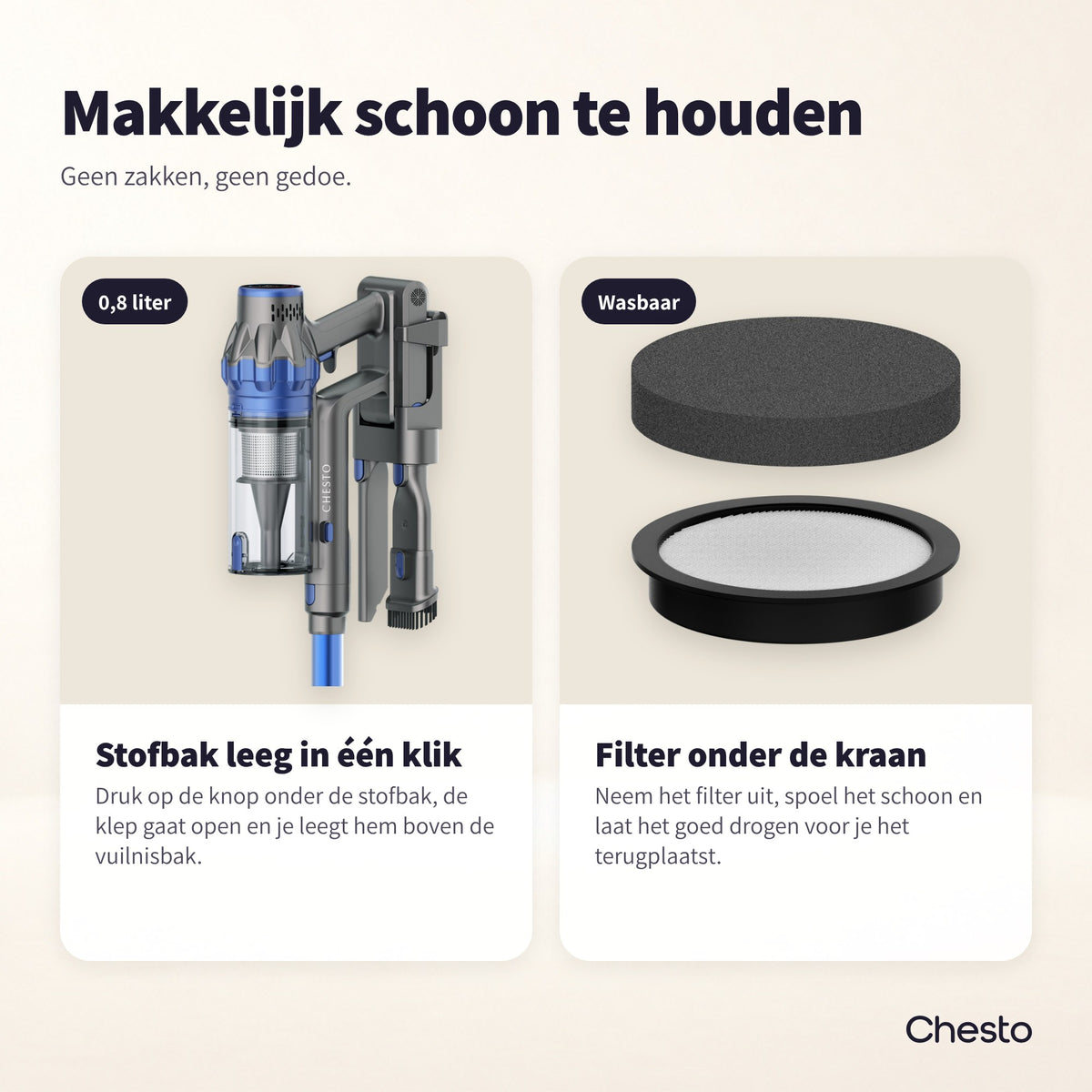 Chesto T1 schoonmaken: stofbak van 0,8 liter leeg je met één klik, het filter spoel je schoon onder de kraan